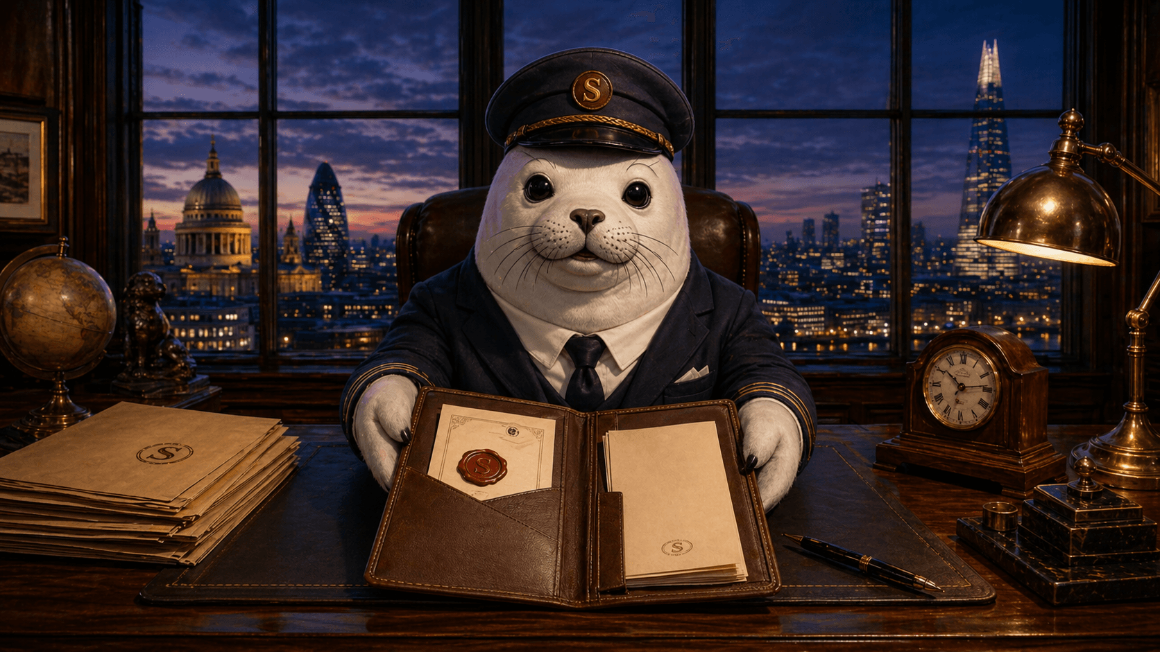 Stanley at a desk with the London skyline at dusk