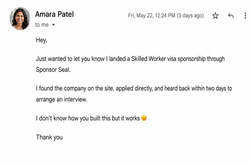 Email from Amara Patel: I landed a Skilled Worker visa sponsorship through Sponsor Seal. I found the company on the site, applied directly, and heard back within two days to arrange an interview.
